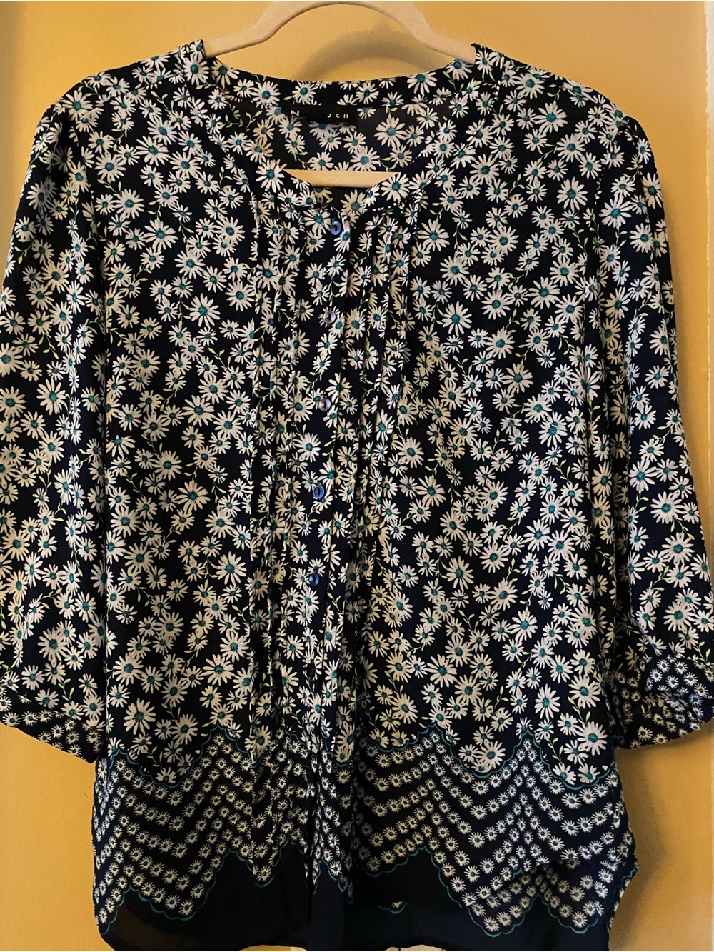 Women's Navy Floral Tie-Neck Blouse